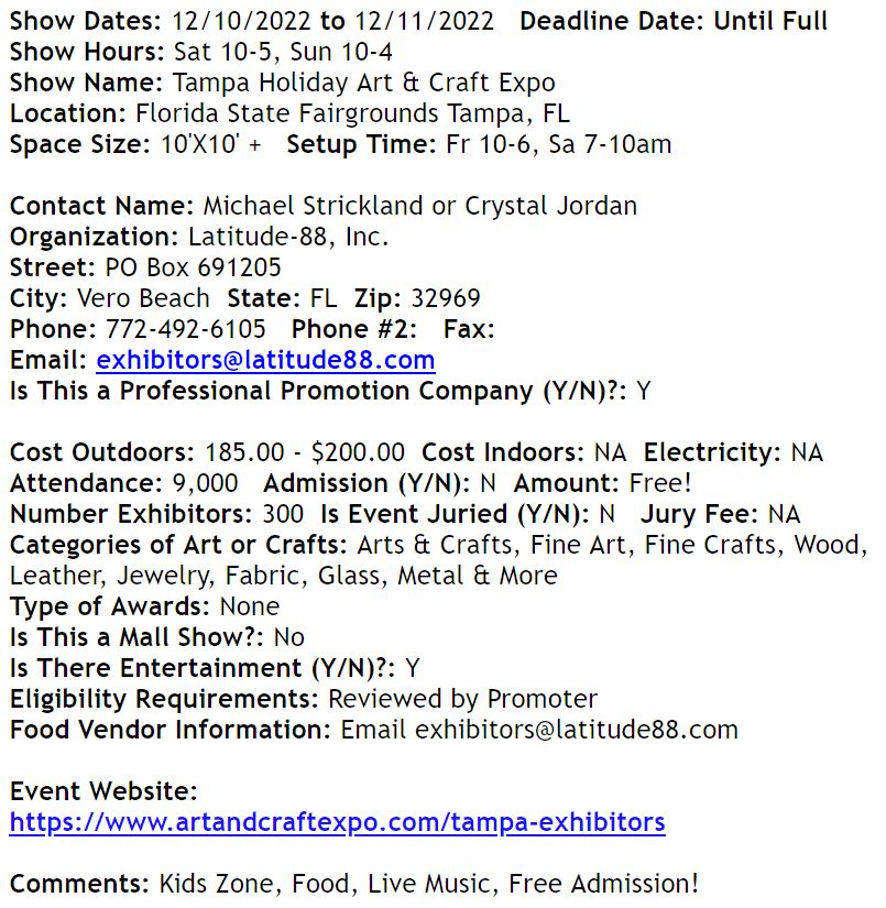 Please join us at the Tampa Holiday Art & Craft Expo December 10 & 11, 2022